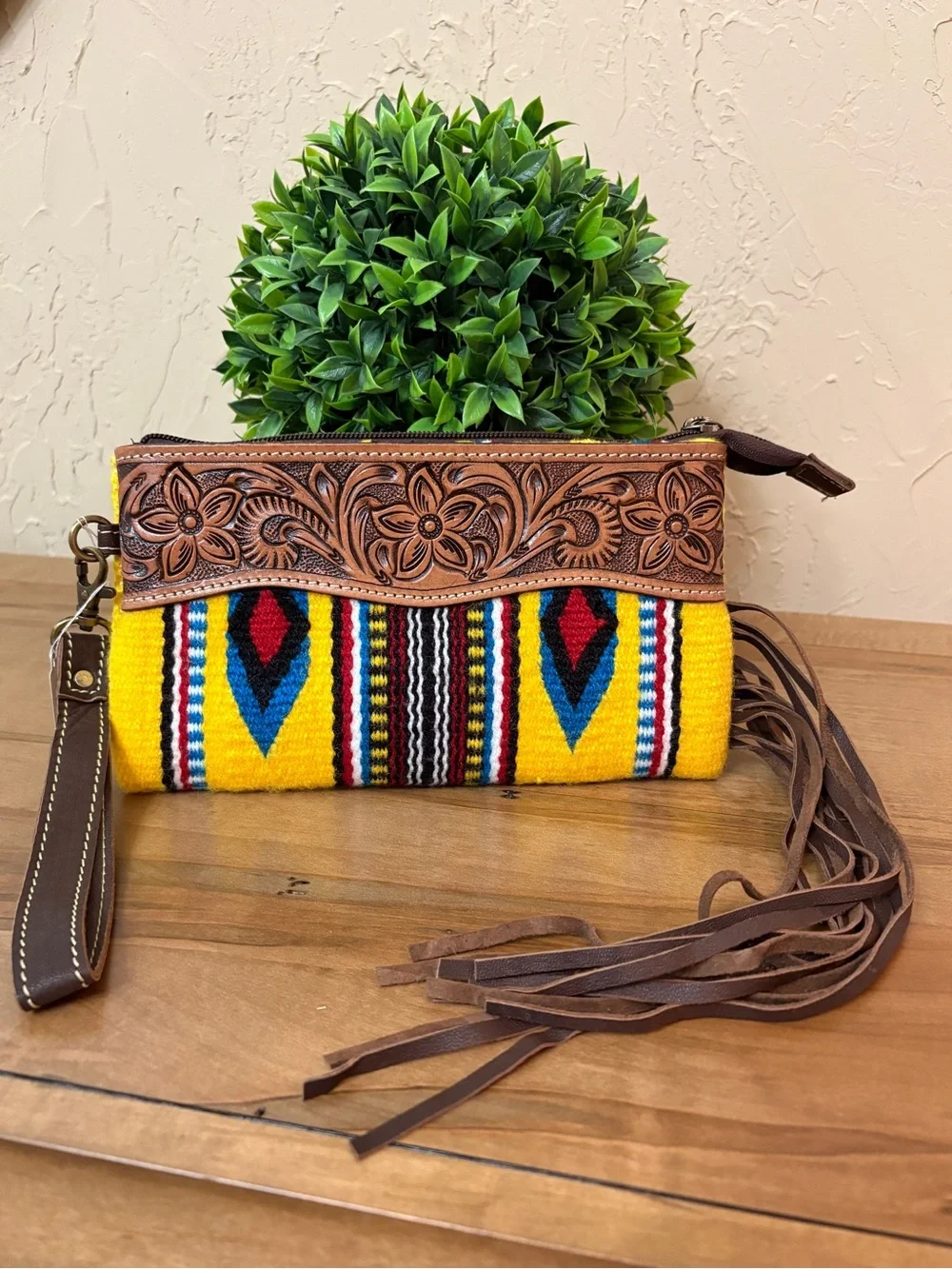 Wristlet Tooled Leather & Yellow Aztec Stripe Wristlet Clutch NWT